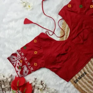 Red cotton embroidered round neck jamdani style non padded blouse